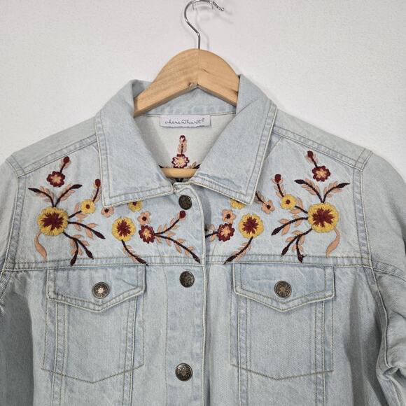 VTG Keren Hart Denim Jacket sz M Light Blue 100% Cotton Embroidered Floral Boho - Picture 2 of 15